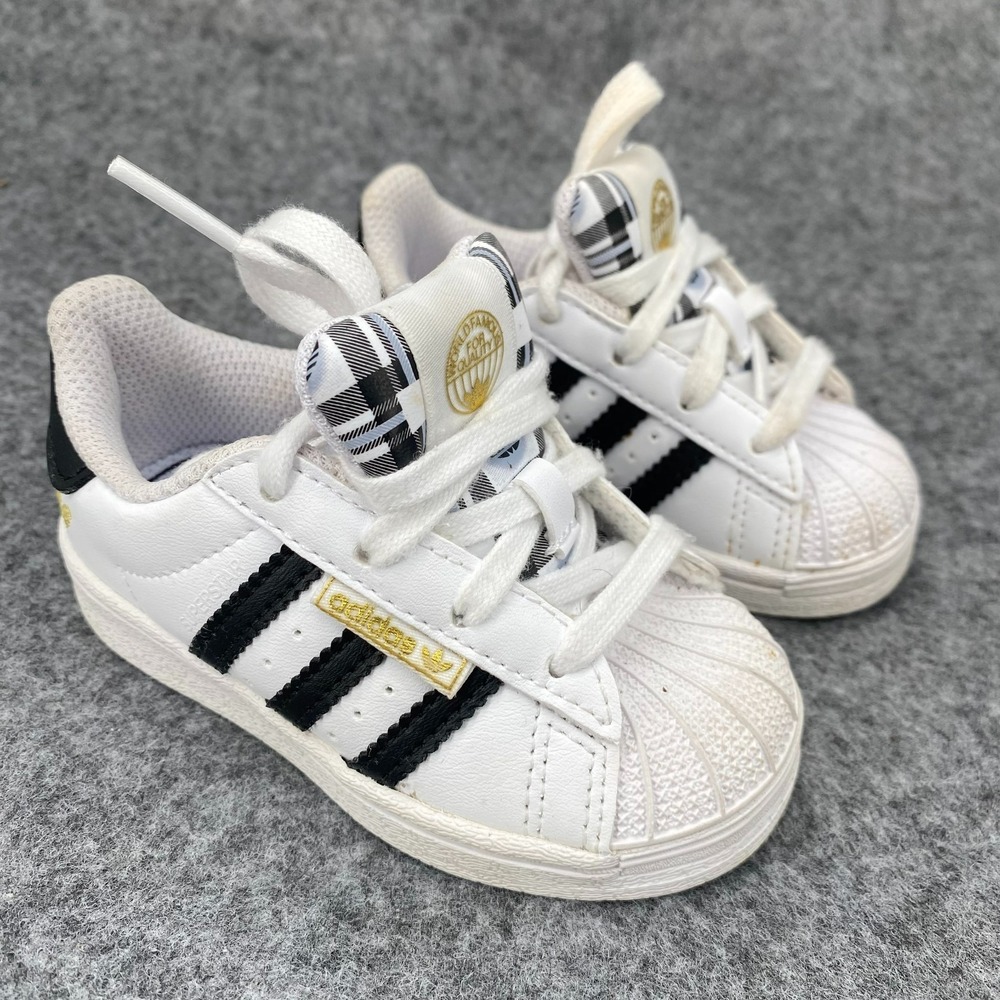 Adidas Infant Superstar White Black Sneaker Plaid Tongue Gold HP3260 5K